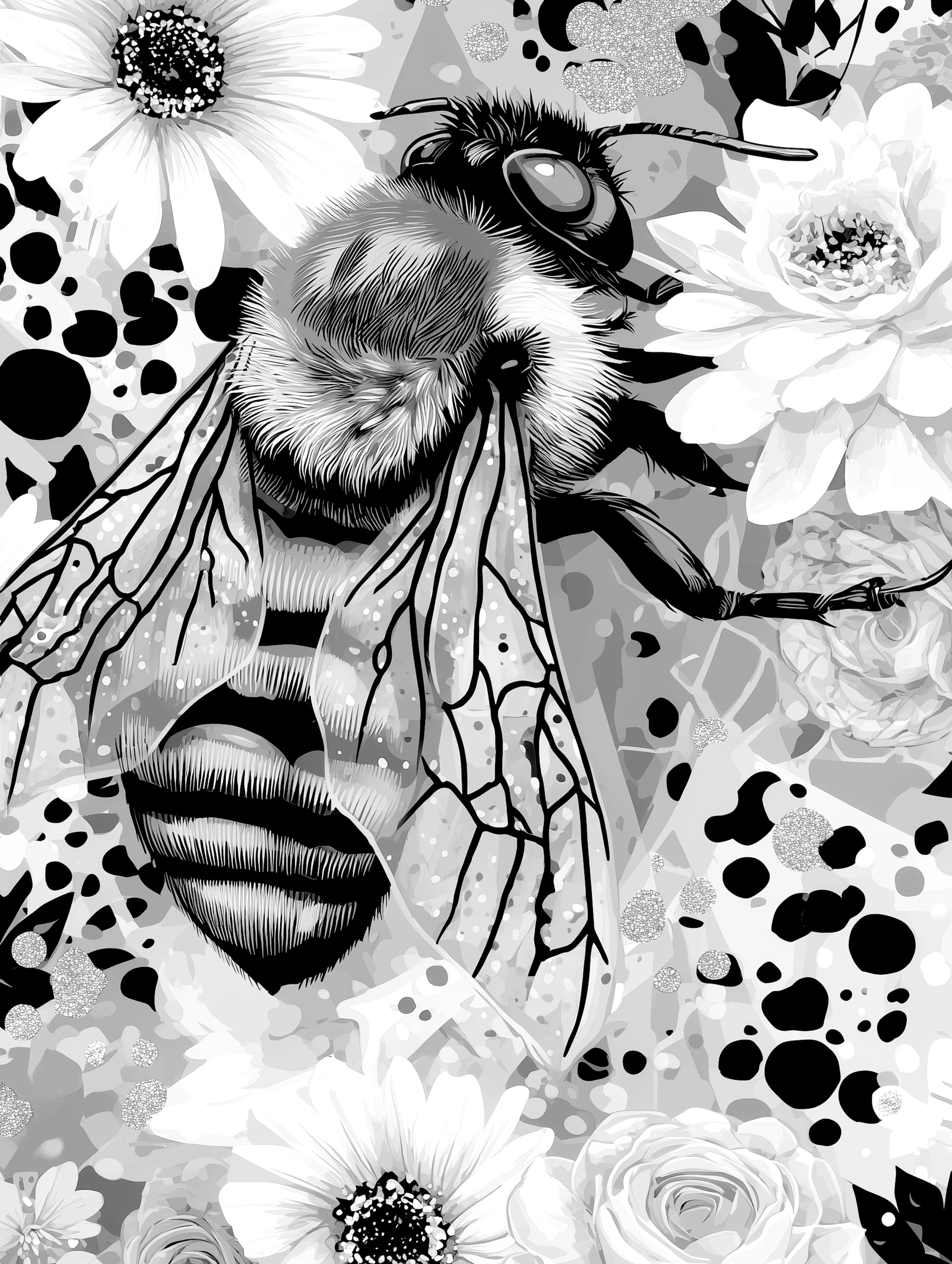 Free printable bee coloring page for adults featuring a fuzzy bee climbing
